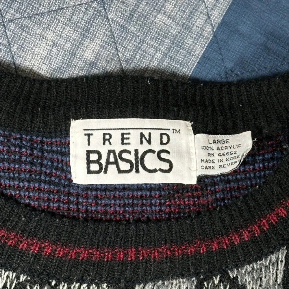 Vintage 90s Sweater Trend Basics Mens Large Multi Geometric Abstract Knit Good